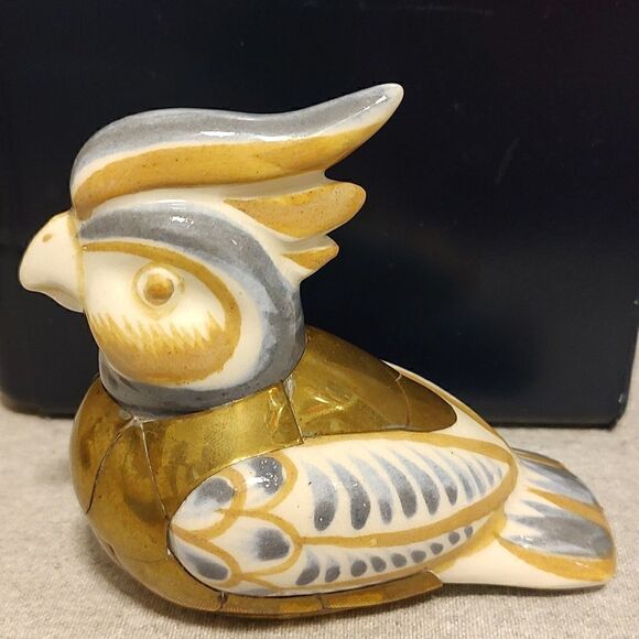 Vintage Brass Ceramic Tonala Mexican Folk Art Pottery Cockatiel Bird Figurine - Picture 1 of 11